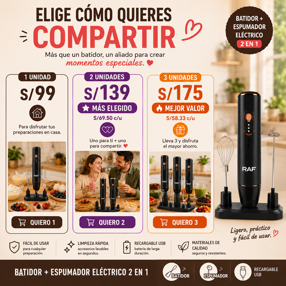 Mixora 2X™- Batidor + Espumador Eléctrico 2 en 1
