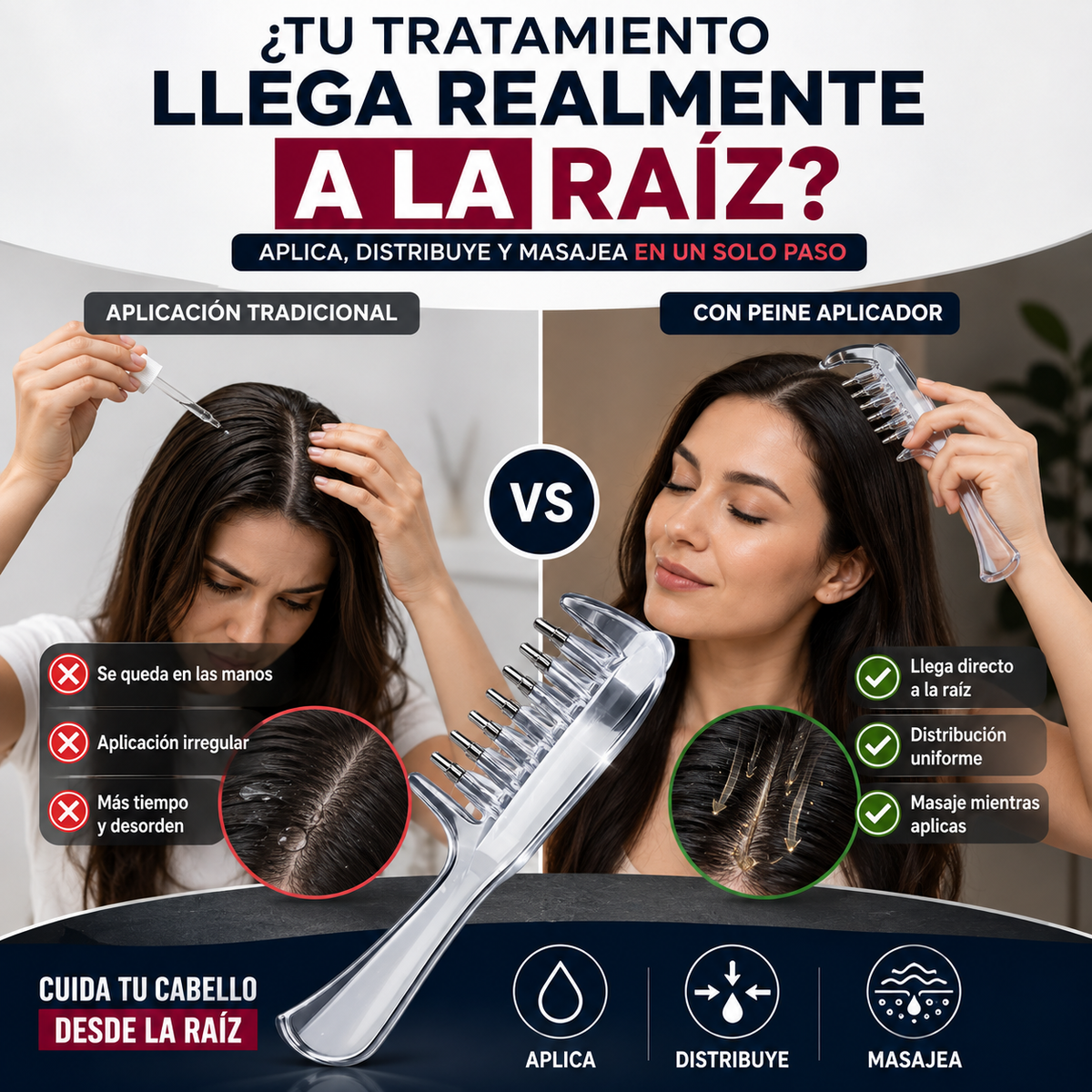 ROOTGLIDE™ - Peine aplicador 3 en 1 para rutina capilar