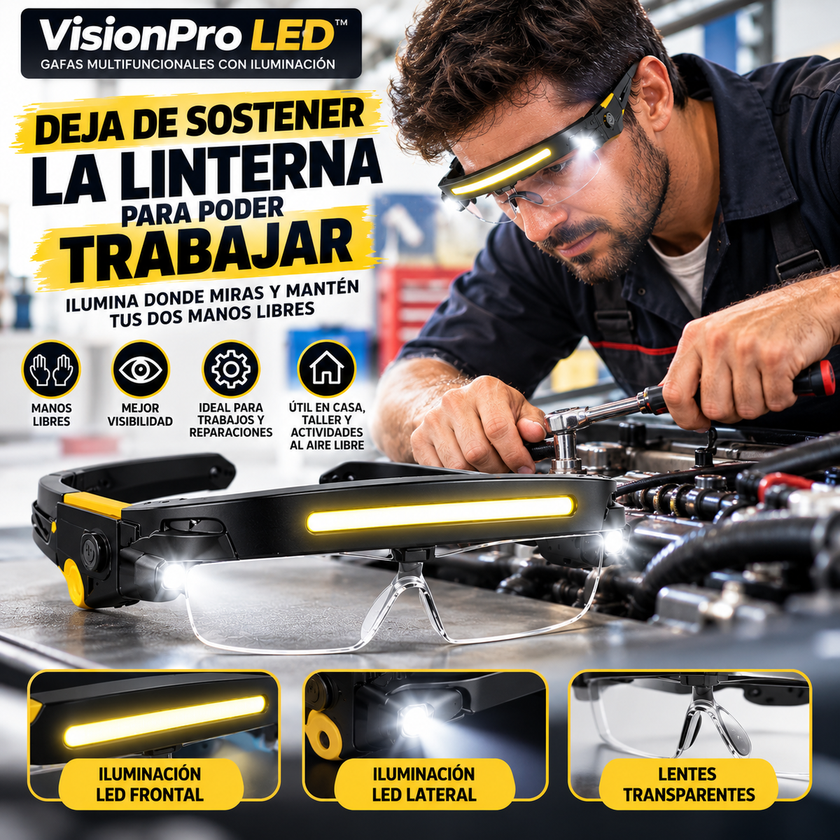 VisionPro LED™ – Gafas Multifuncionales Recargables con 5 Intensidades de Luz y Sensor de Movimiento.