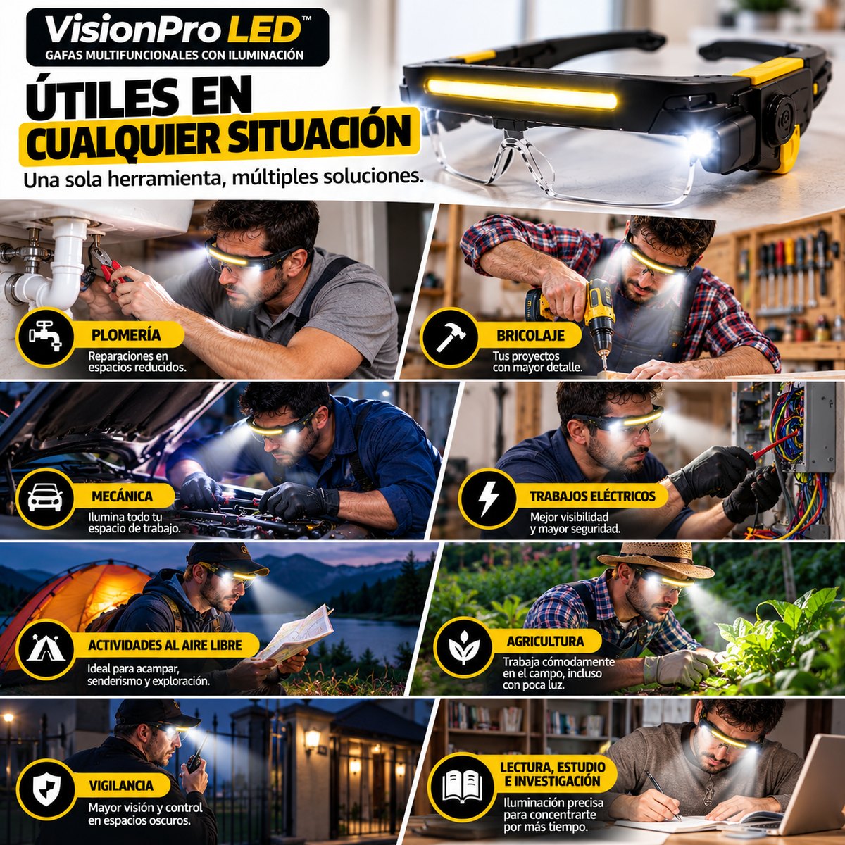 VisionPro LED™ – Gafas Multifuncionales Recargables con 5 Intensidades de Luz y Sensor de Movimiento.