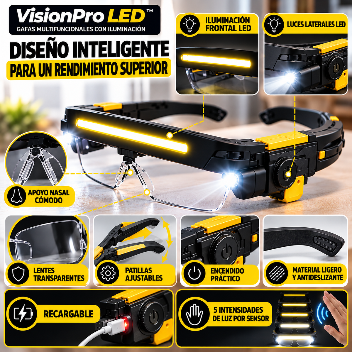 VisionPro LED™ – Gafas Multifuncionales Recargables con 5 Intensidades de Luz y Sensor de Movimiento.