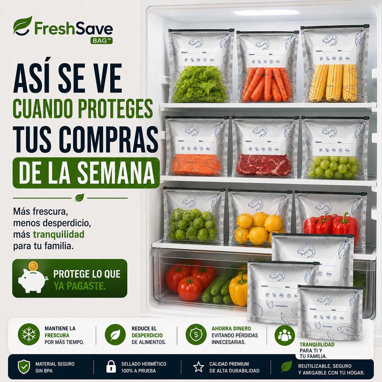FreshSave Bag™- "Conserva carnes, pescados, frutas y verduras por más tiempo."